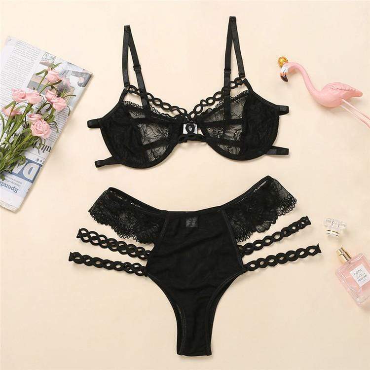 Image of a daring lingerie set with a crop top and lace thong.